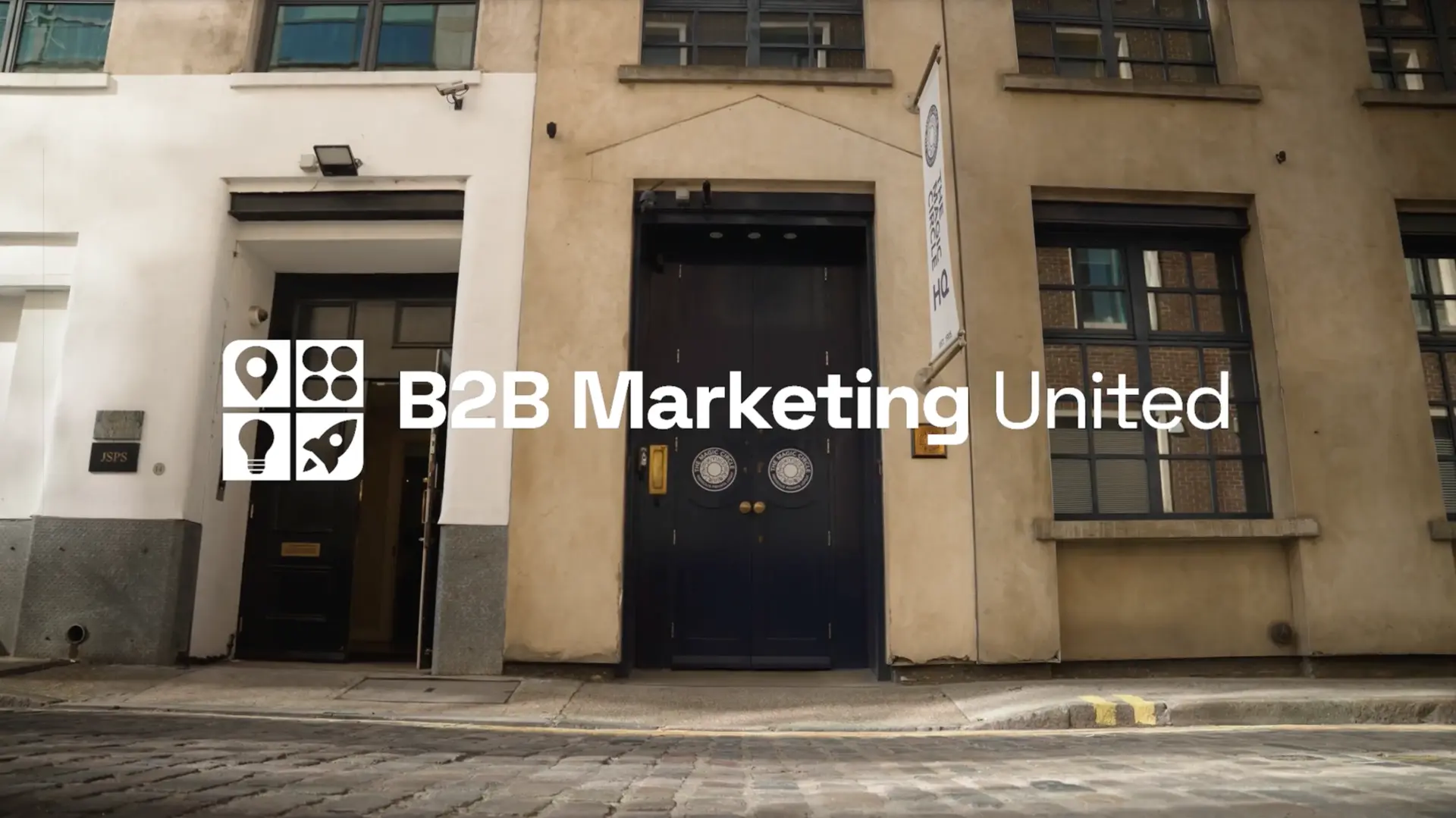 B2B Marketing United branding over the entrance of the event venue in London